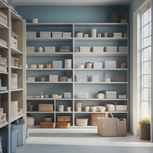 A serene, well-organized storage unit interior with various shelving units, boxes, and bins in a calming color palette, illuminated by soft, natural light pouring through a large window.
