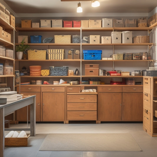 A tidy storage unit with labeled bins, stacked shelves, and a organized workbench, surrounded by a few scattered storage boxes and a rolled-up rug, with warm, natural lighting.