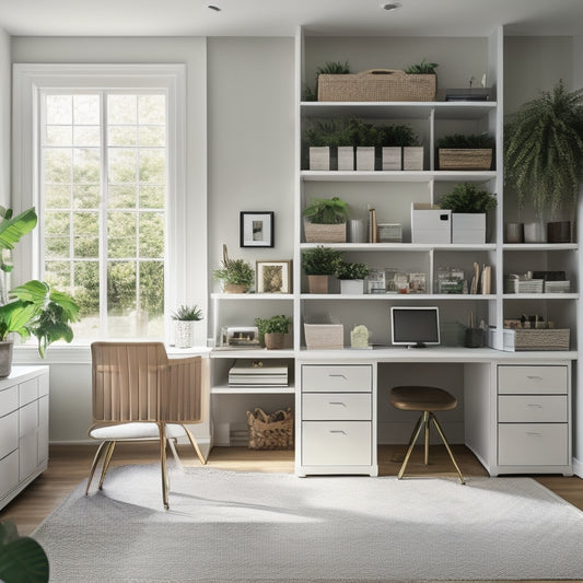 A serene home office with a sleek, white desk, surrounded by floor-to-ceiling shelves, filled with neatly labeled storage bins, baskets, and a few, carefully placed, potted plants.