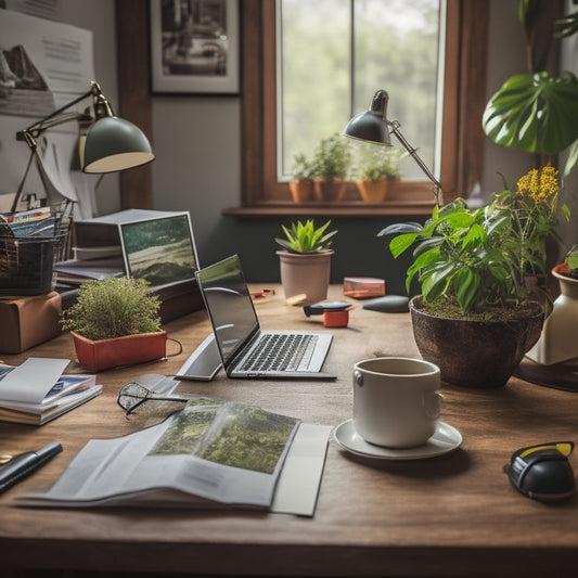 A tidy desk with a laptop, a few organized files, and a small potted plant, surrounded by scattered papers and office supplies, with a subtle background of a messy room.