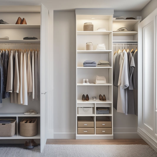 A serene, minimalist closet with sleek, floor-to-ceiling shelves, neatly arranged clothing, shoes, and accessories in a harmonious color palette, illuminated by soft, warm lighting.