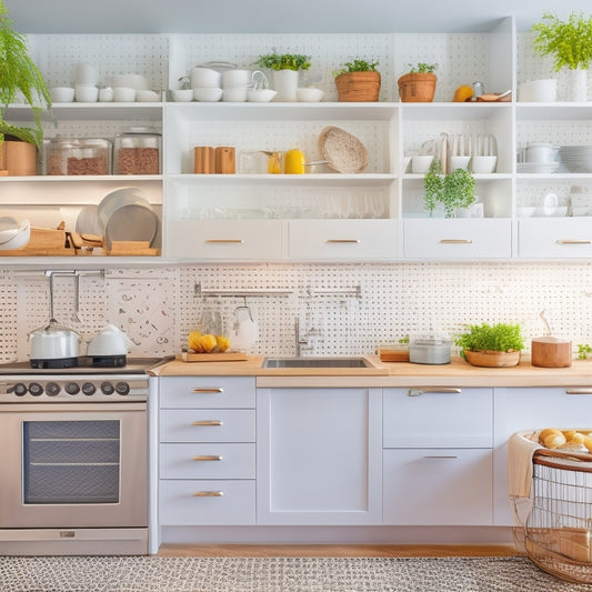 A bright, modern, and organized small kitchen with sleek white cabinets, a compact island, and a stainless steel appliances, featuring a pegboard on the wall with hanging utensils and herbs.