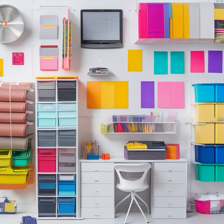 Generate an image depicting a neatly organized workspace with various colorful vinyl labels, in different shapes and sizes, stuck on storage bins, folders, and a laptop, against a clean white background.