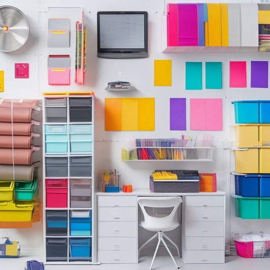 Generate an image depicting a neatly organized workspace with various colorful vinyl labels, in different shapes and sizes, stuck on storage bins, folders, and a laptop, against a clean white background.