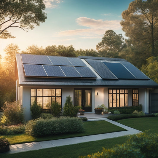 A serene, sun-kissed suburban home with sleek, black solar panels installed on its roof, surrounded by lush greenery, with a subtle, glowing aura emanating from the panels.