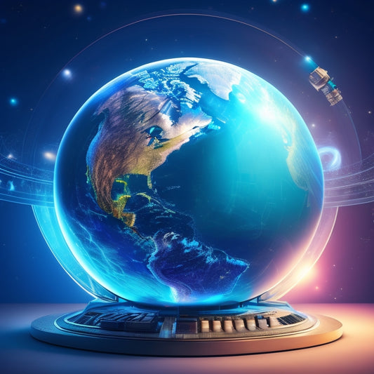 A vibrant, futuristic globe with glowing blue lines and swirling clouds, surrounded by diverse icons of learning (e.g., books, laptops, atoms) orbiting around it in a circular motion.