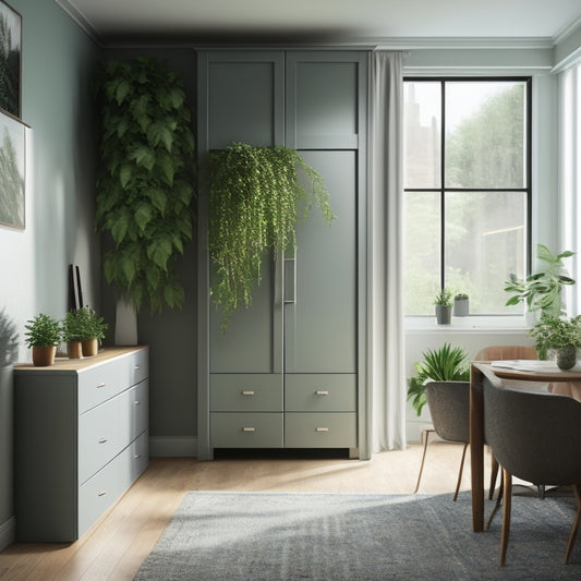 A clutter-free, minimalist apartment with a murphy bed, a nesting table, and a floor-to-ceiling storage unit, surrounded by lush green plants and soft, natural lighting.