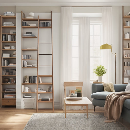 A clutter-free, minimalist room with a murphy bookshelf, a ladder leaning against a floor-to-ceiling bookcase, and a storage ottoman with a hidden compartment filled with books.