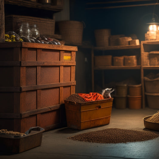 A dimly lit, rustic storage room with wooden crates, metal bins, and shelves, featuring a large, menacing rat attempting to breach a sealed container, surrounded by scattered seeds and grains.