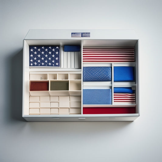 A neatly arranged, compact organizer box with multiple compartments, made of sturdy USA-sourced materials, placed on a clean, minimalist background, with a subtle American flag pattern in the corner.