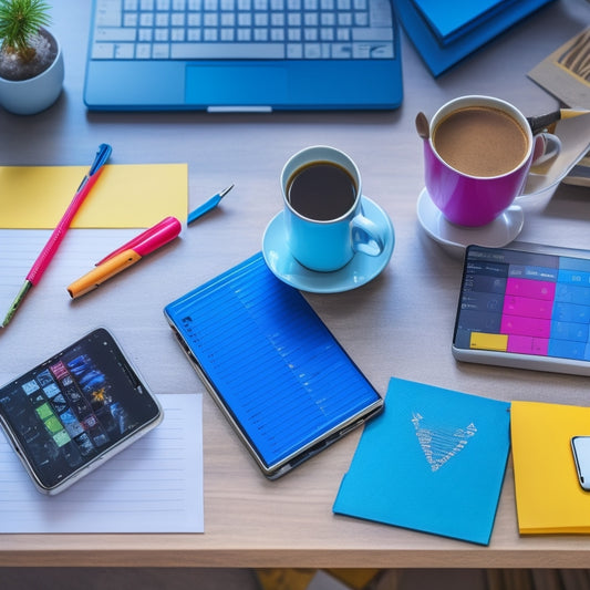 A colorful, clutter-free desk with a neat planner, a set of labeled folders, a cup of steaming coffee, and a smartphone with a calendar app open, surrounded by a few strategically placed sticky notes.