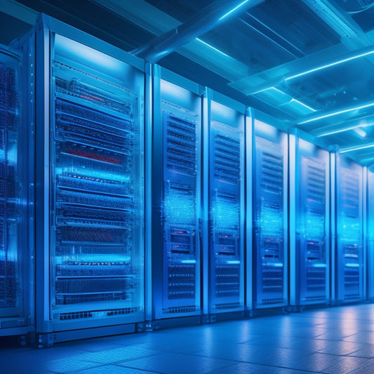 A futuristic data center with rows of sleek, silver servers and glowing blue wires, surrounded by 3D puzzle pieces and interconnected gears, with a subtle, shimmering light emanating from the center.