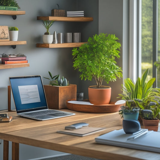 A serene modern home office with a wooden desk, a closed laptop, and a neatly organized binder with colorful tabs, surrounded by a few carefully placed office supplies and a small potted plant.
