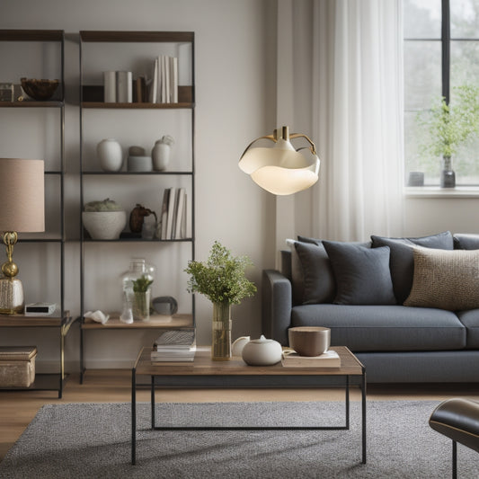 A serene, well-lit interior scene featuring a tidy living room with a minimalist coffee table, a few curated decor pieces, and a sleek, organized bookshelf with categorically arranged books and decorative objects.