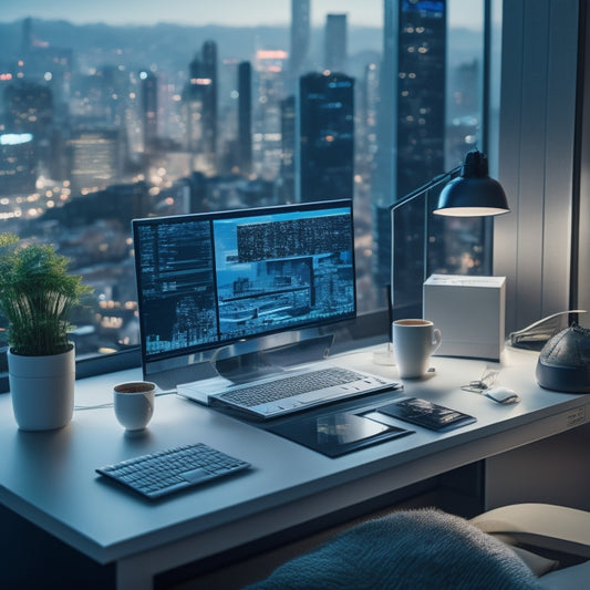 A futuristic desk with a small business owner's hands typing on a laptop, surrounded by scattered papers and a few external hard drives, with a subtle cityscape background and a minimalist color scheme.