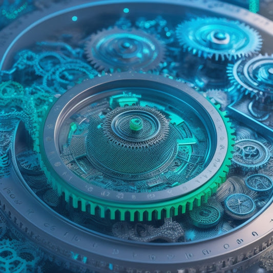An abstract representation of interconnected devices, with swirling blue and green lines forming a dynamic network, surrounded by stylized gears, clocks, and puzzle pieces in shades of silver and gray.