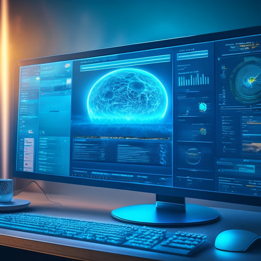 A futuristic, sleek, and modern computer screen with a subtle glow, displaying a grid of various software icons, surrounded by swirling circles of 1s and 0s, conveying speed and reliability.