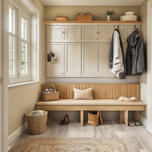 A clutter-free mudroom with a custom-built wooden bench, floor-to-ceiling cabinets, and a row of hooks, surrounded by a warm beige background and soft natural light pouring in from above.
