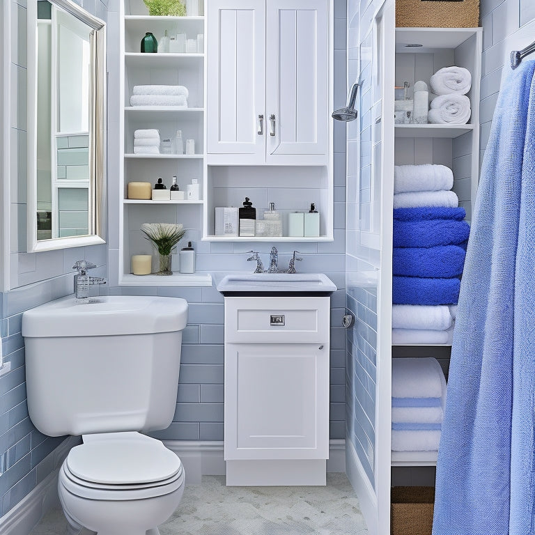A cluttered small bathroom with a cramped shower area, sink, and toilet, surrounded by scattered toiletries and towels, contrasted with a neat and organized version of the same space featuring a wall-mounted cabinet, pedestal sink, and a recessed shelf.