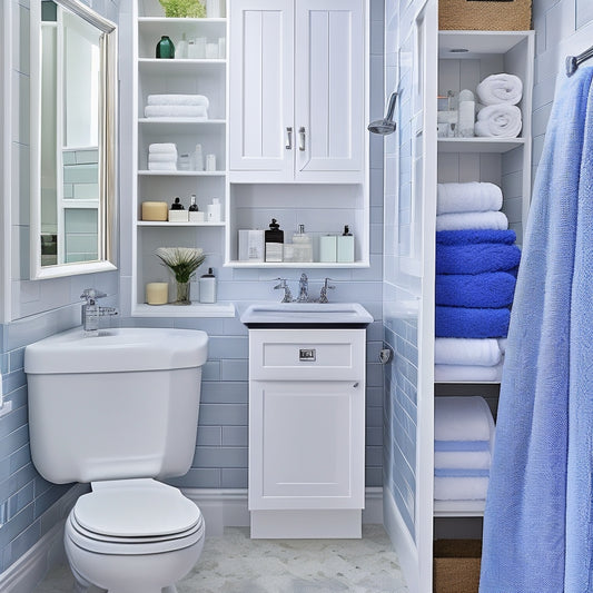 A cluttered small bathroom with a cramped shower area, sink, and toilet, surrounded by scattered toiletries and towels, contrasted with a neat and organized version of the same space featuring a wall-mounted cabinet, pedestal sink, and a recessed shelf.