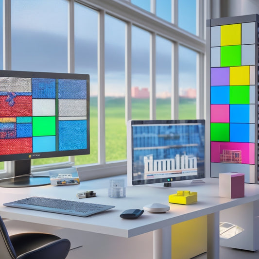 A futuristic, minimalist workspace with a large, sleek touchscreen displaying a customizable template, surrounded by colorful building blocks, gears, and puzzle pieces, symbolizing flexibility and innovation.