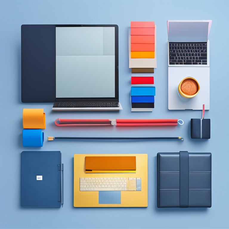 A minimalist illustration featuring a tidy digital workspace with 7 folders, each with a distinct color and icon, surrounded by a few organized cords and a sleek laptop.