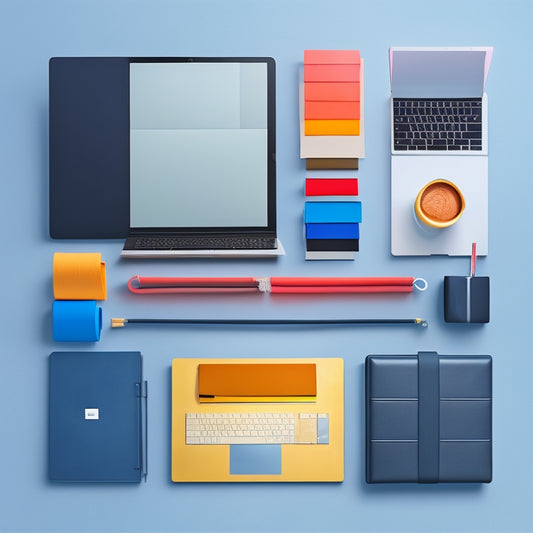 A minimalist illustration featuring a tidy digital workspace with 7 folders, each with a distinct color and icon, surrounded by a few organized cords and a sleek laptop.
