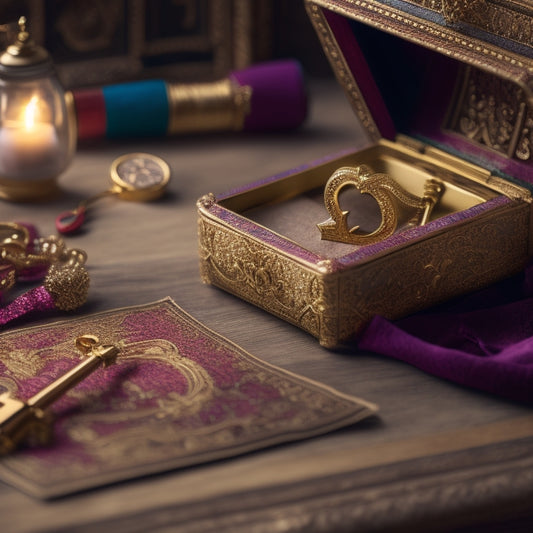 A ornate, golden key unlocking a lavish, velvet-covered box, with a subtle glow emanating from within, surrounded by scattered, crumpled paper scraps and a few loose, colorful pens.