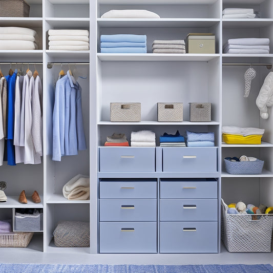 A tidy, well-lit closet with 5-7 clear storage bins of varying sizes stacked on shelves, filled with organized clothing, toys, and household items, against a soft, light-gray background.