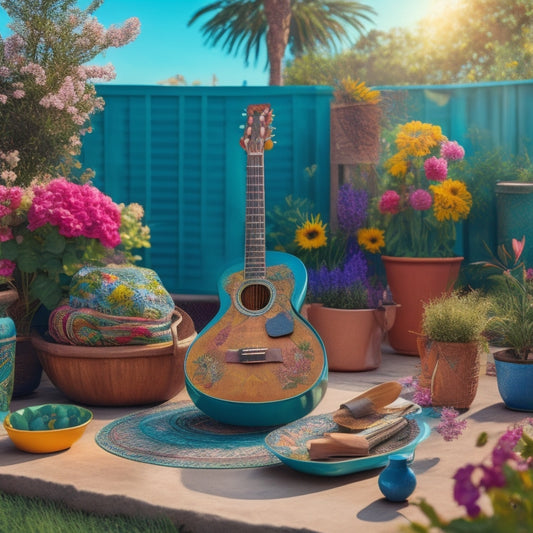 A vibrant illustration of a sun-kissed backyard with a DIY pottery station, colorful fabric scraps, and a guitar leaning against a tree, surrounded by blooming flowers and lush greenery.