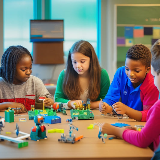 A diverse group of students aged 10-14, gathered around a table, building and programming robots using various STEM kits, with wires, circuits, and robotic parts scattered around them.