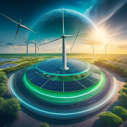 An illustration featuring a stylized, glowing green earth at its center, surrounded by swirling wind turbines, solar panels, and electric vehicles, all interconnected by sparkling, circuit-like lines.