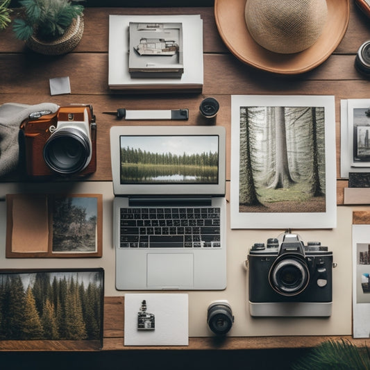 A stylized, minimalist illustration of a photographer's desk with a laptop open to a sleek, modern website, surrounded by scattered polaroids and camera equipment, amidst a subtle, whimsical forest backdrop.