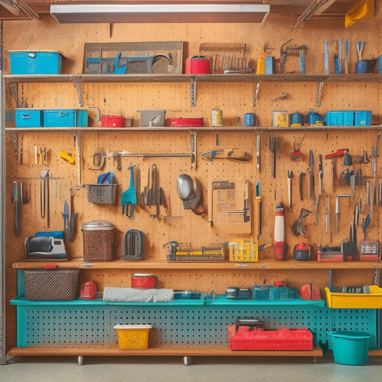 A tidy garage with a wall covered in a large, rectangular pegboard, adorned with assorted tools and accessories, including a hammer, screwdrivers, and a level, hung from hooks and bins.