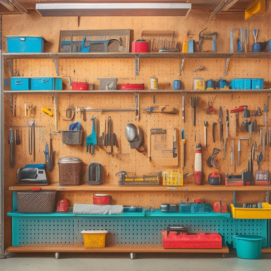 A tidy garage with a wall covered in a large, rectangular pegboard, adorned with assorted tools and accessories, including a hammer, screwdrivers, and a level, hung from hooks and bins.