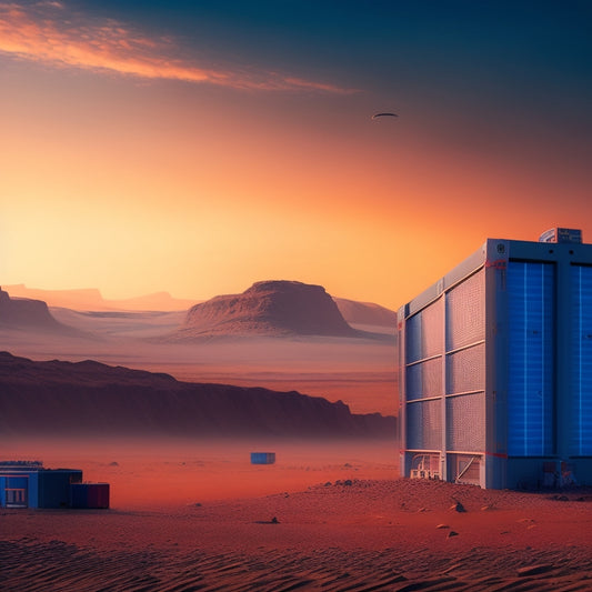 A futuristic, high-tech cold storage facility on Mars, with glowing blue air curtains surrounding crates of frozen goods, amidst a backdrop of Martian terrain and a hazy, crimson sky.