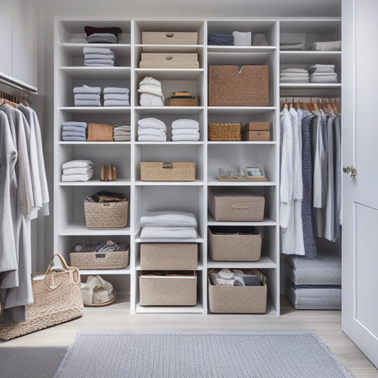 A serene, modern closet interior with floor-to-ceiling shelves, wicker storage bins, and a few neatly folded clothes, showcasing ample storage and organization.