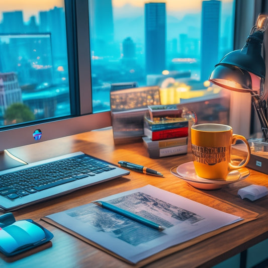 A stylized, modern desk with a laptop displaying a Word document, surrounded by scattered colorful pens, paper clips, and a cup of steaming coffee, with a subtle background of a cityscape.