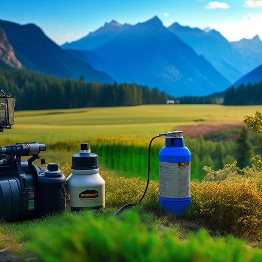 A serene mountain landscape with a pesticide sprayer in the foreground, surrounded by lush greenery, with a subtle grid of licensing certificates and study materials fading into the background.