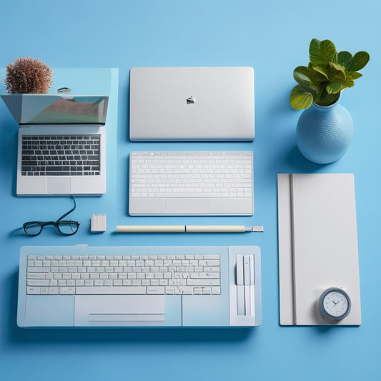 A serene, minimalist workspace featuring a sleek laptop, a tidy cable organizer, and a few, carefully-placed, colorful folders, set against a calming, light-blue background with subtle, digital circuit patterns.