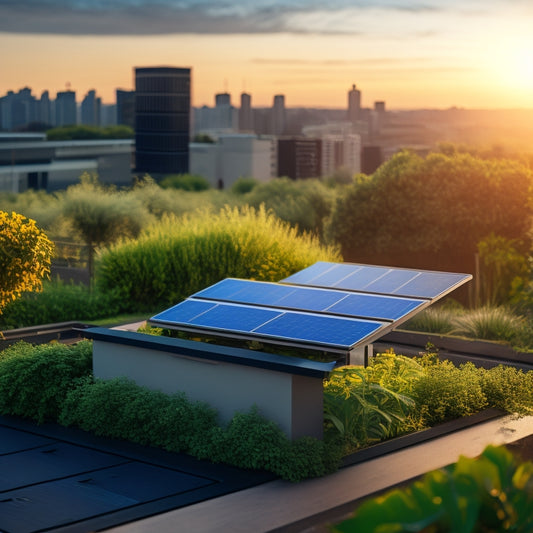 A serene, sun-kissed rooftop with a sleek, black solar panel array and a compact, silver battery unit in the foreground, surrounded by lush greenery and a subtle, sunny glow.