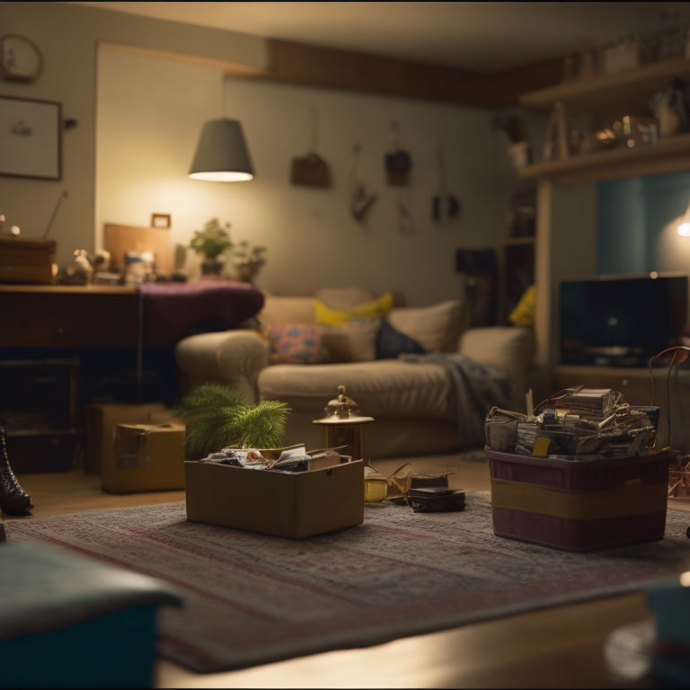 A dimly lit, cluttered living room with piles of dusty boxes, tangled cords, and forgotten trinkets, contrasted with a faint glimpse of a tidy, minimalist space in the background.