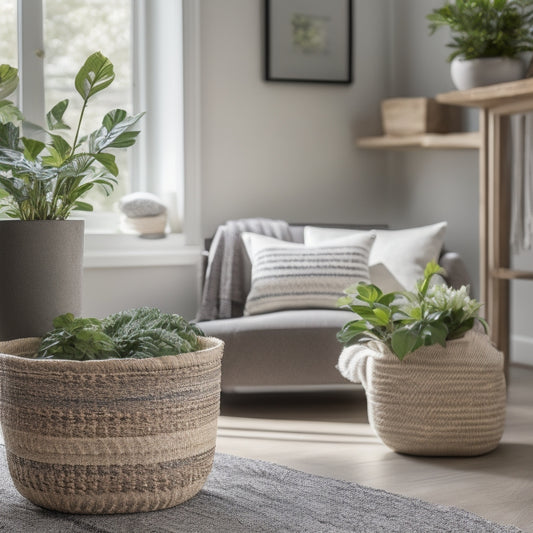 A serene living room with a few, carefully placed, natural elements: a small potted plant, a vase with fresh flowers, and a woven basket containing a few, neatly rolled, eco-friendly cleaning products.