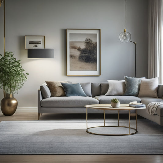 A serene, light-filled living room with a plush area rug, a minimalist coffee table, and a statement piece of abstract art above a sleek, low-profile sofa in a soothing gray tone.