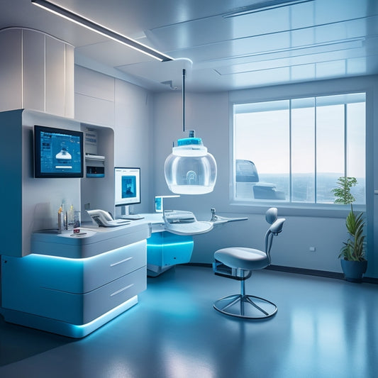 A futuristic dental clinic with a large, transparent 3D printer in the center, surrounded by sleek, minimalist workstations and a holographic display projecting a rotating 3D model of a patient's teeth.