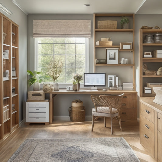 A serene home office with a customized storage system: a wooden desk with built-in drawers, a floor-to-ceiling shelving unit with labeled baskets, and a modular cabinet with sliding doors.
