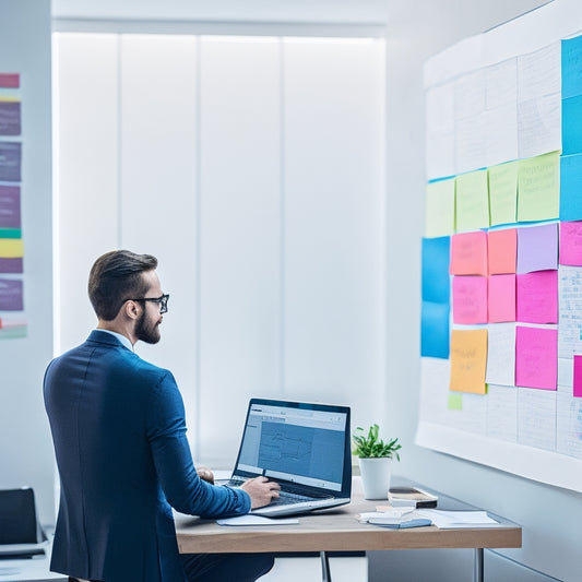 An illustration of a person standing in front of a large, whiteboard-covered wall, surrounded by colorful sticky notes, diagrams, and flowcharts, with a laptop open to Draw.Io on a nearby desk.