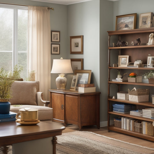 A clutter-free senior's living room with a simple, low-maintenance decor, featuring a tidy bookshelf, a labeled file organizer, and a minimalist desk with a few framed family photos.