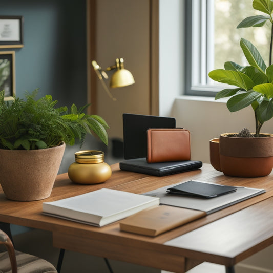 A serene, minimalist workspace with a tidy desk, a few strategically placed plants, and a leather-bound planner lying open, surrounded by neatly organized folders and a few carefully arranged office supplies.