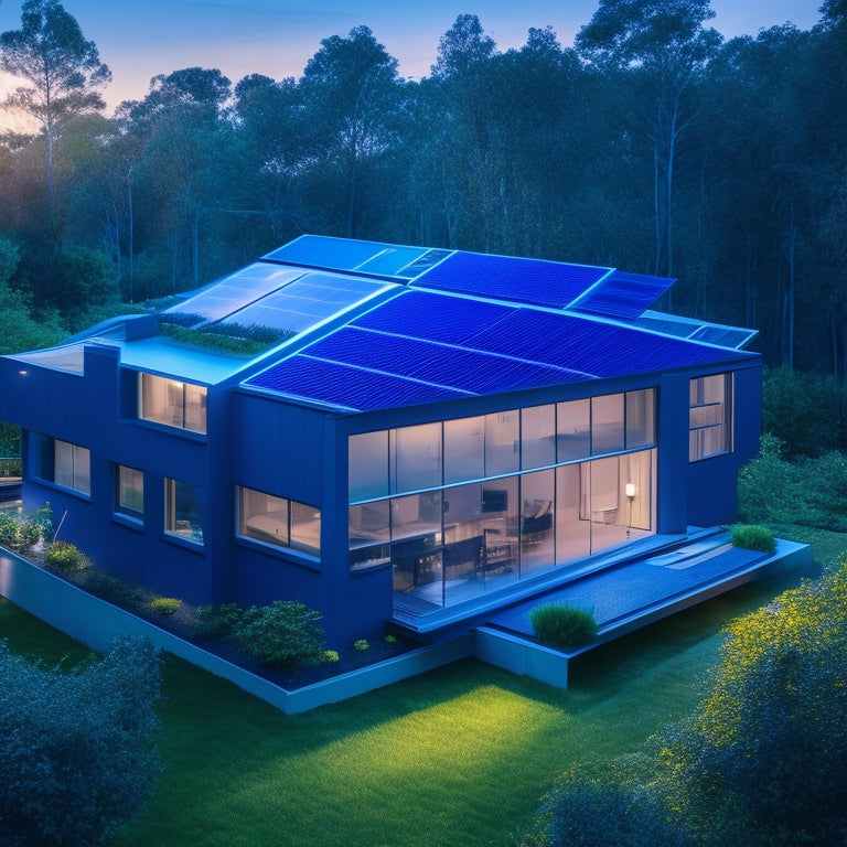 A futuristic, sleek, and modern home with large windows, surrounded by lush greenery, featuring a rooftop solar panel array and a prominent exterior wall-mounted solar battery pack with a glowing blue LED strip.
